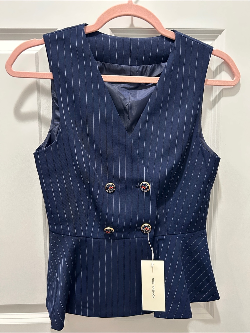 Nice Fashion Sleeveless Navy Pinstripe Double-Breasted Peplum Vest/Skirt Suit - Picture 2 of 13